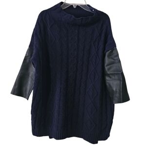 Guess women's XS/S navy cable knit sweater with black faux leather 3/4‎ sleeves